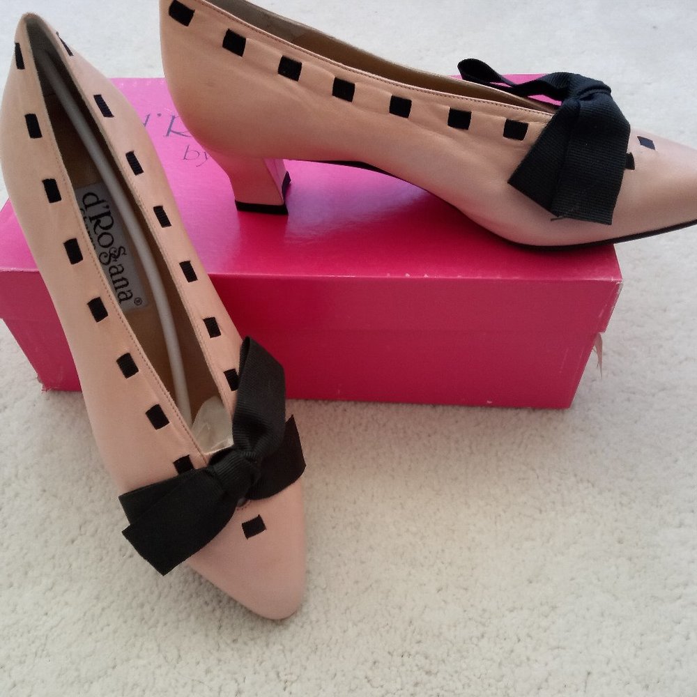 Vintage Pink Leather Shoes w/Black Grosgrain Ribbon--NEVER WORN